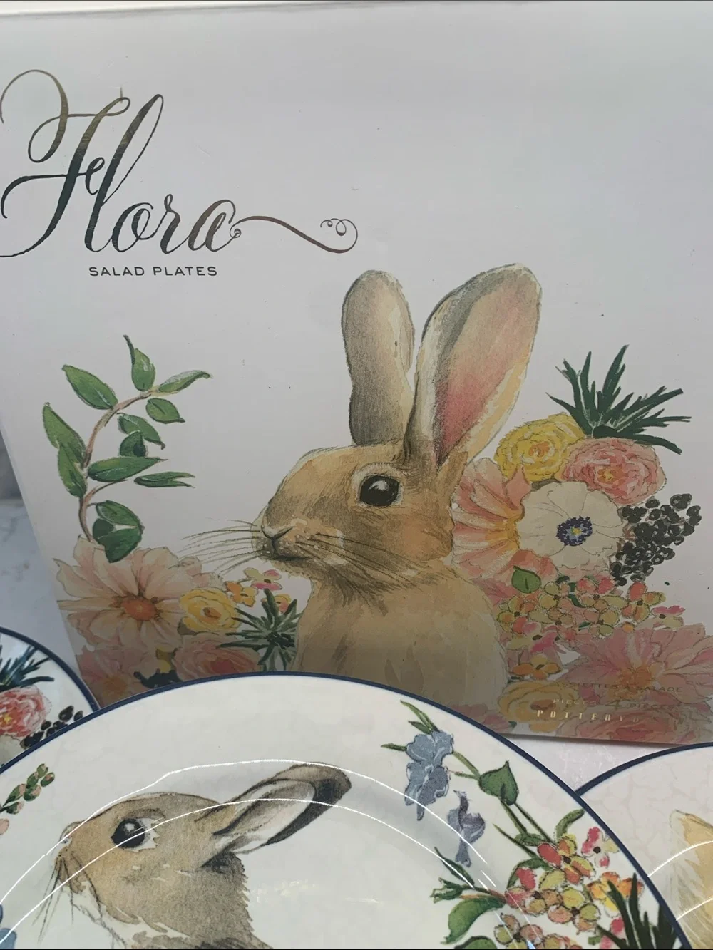 NEW Flora Pottery Barn Easter Rabbit Bunny Floral Salad 8” Plates Set of 4
